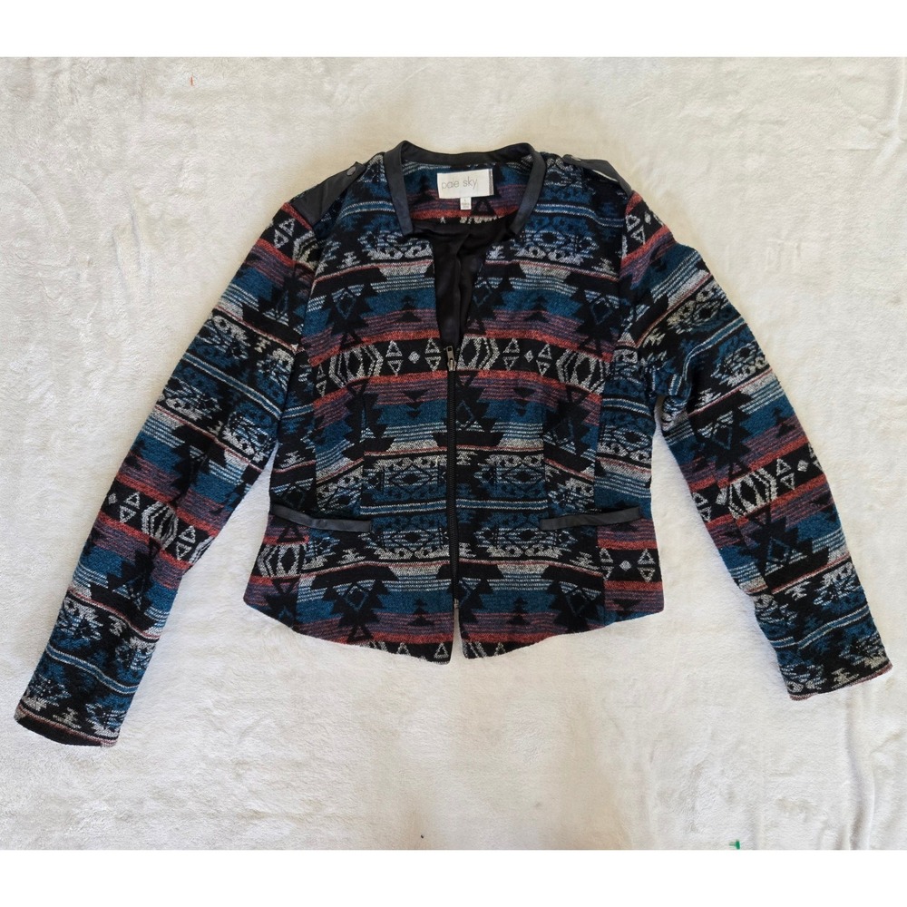 Pale Sky Southwestern Geometric Zip Front Jacket Faux Leather Trim Blue Red L‎